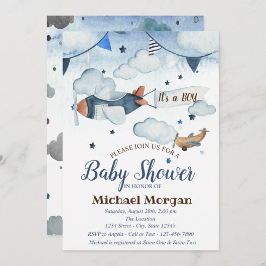 かわいい水の色の星、雲、飛行機の赤ちゃんシャワー 招待状 (正面/裏面)