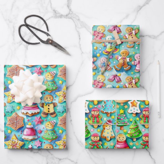 かわいい水の色の漫画ジンジャーブレッドCookie ラッピングペーパーシート (正面)