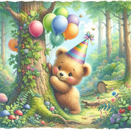 かわいい水の色の漫画ベビーベアーカブ誕生日 シール (正面)