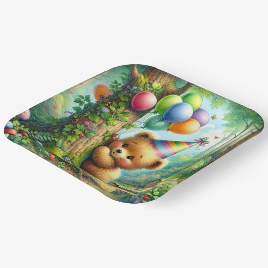 かわいい水の色の漫画ベビーベアーカブ誕生日 ペーパープレート (傾斜あり)