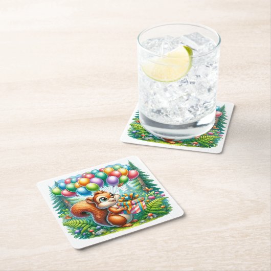 かわいい水の色の漫画リス誕生日 スクエアペーパーコースター (インサイチュ)