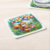 かわいい水の色の漫画リス誕生日 スクエアペーパーコースター (アングル)