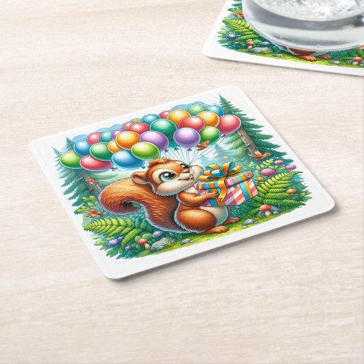 かわいい水の色の漫画リス誕生日 スクエアペーパーコースター (アングル)