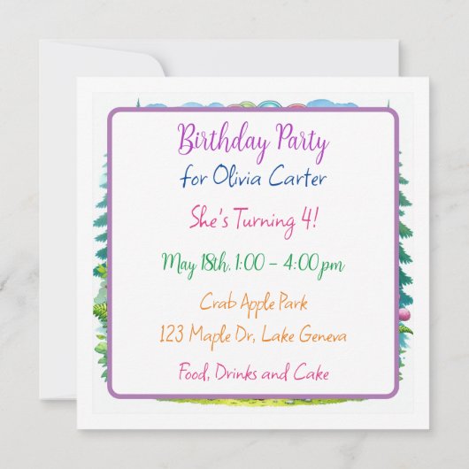 かわいい水の色の漫画リス誕生日 招待状 (裏面)