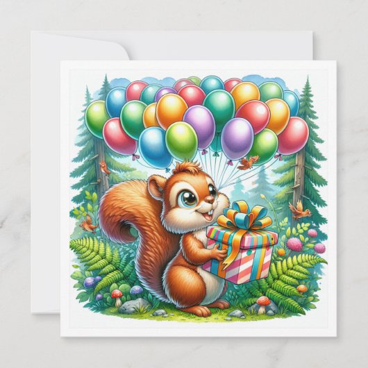 かわいい水の色の漫画リス誕生日 招待状 (正面)