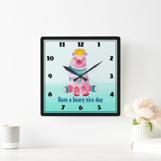 かわいい水の色の熊がビールの良い日を過ごす スクエア壁時計 (ホーム)