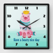 かわいい水の色の熊がビールの良い日を過ごす スクエア壁時計 (正面)