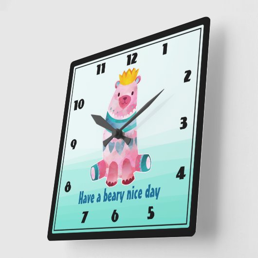 かわいい水の色の熊がビールの良い日を過ごす スクエア壁時計 (傾斜)