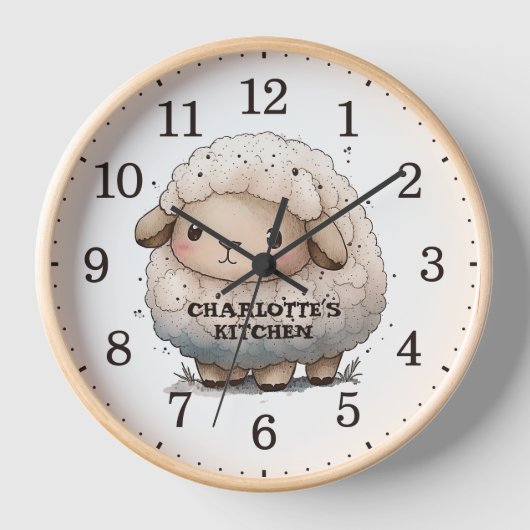かわいい水の色の羊カスタム、木材の壁 壁時計 (正面)