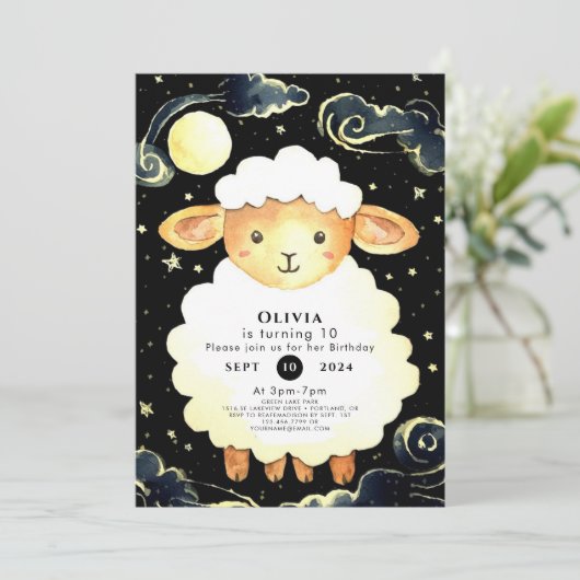 かわいい水の色の羊誕生日 招待状 (スタンド正面)