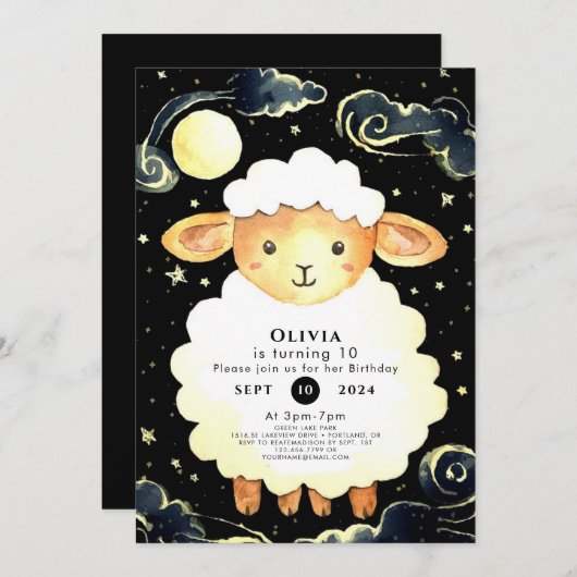 かわいい水の色の羊誕生日 招待状 (正面/裏面)