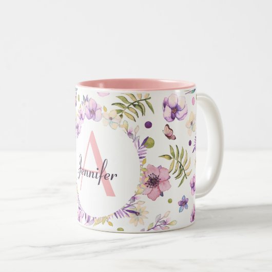 かわいい水の色の花ピンクガーリーのカスタムモ ツートーンマグカップ (正面右)