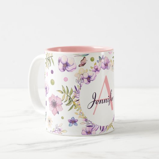 かわいい水の色の花ピンクガーリーのカスタムモ ツートーンマグカップ (正面左)