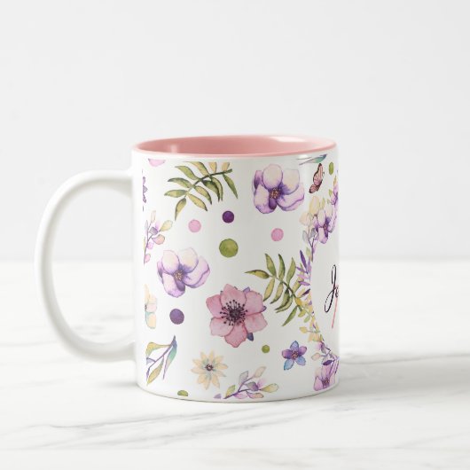 かわいい水の色の花ピンクガーリーのカスタムモ ツートーンマグカップ (左)