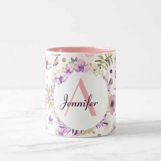 かわいい水の色の花ピンクガーリーのカスタムモ ツートーンマグカップ (中央)