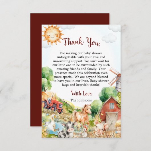 かわいい水の色の農場ベビーシャワー サンキューカード (正面/裏面)