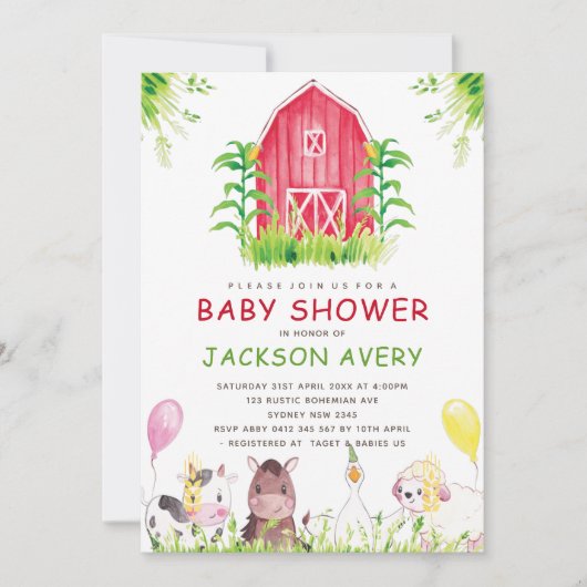 かわいい水の色の農場ベビーシャワー 招待状 (正面)