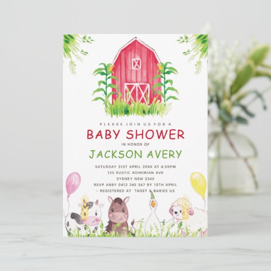 かわいい水の色の農場ベビーシャワー 招待状 (スタンド正面)