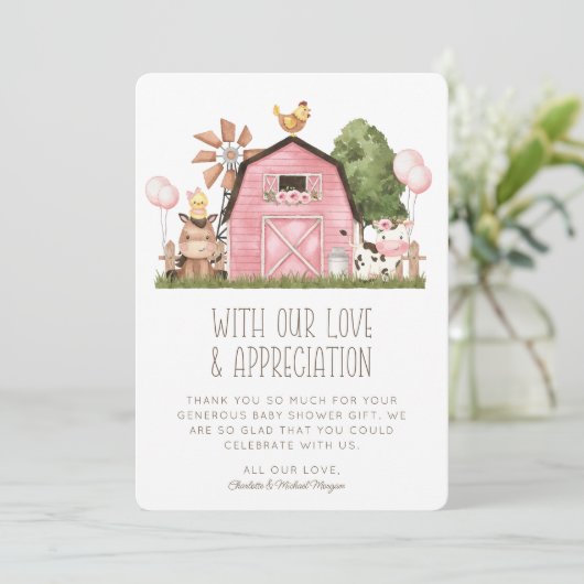 かわいい水の色の農業動物ベビーシャワーありがとう サンキューカード (スタンド正面)