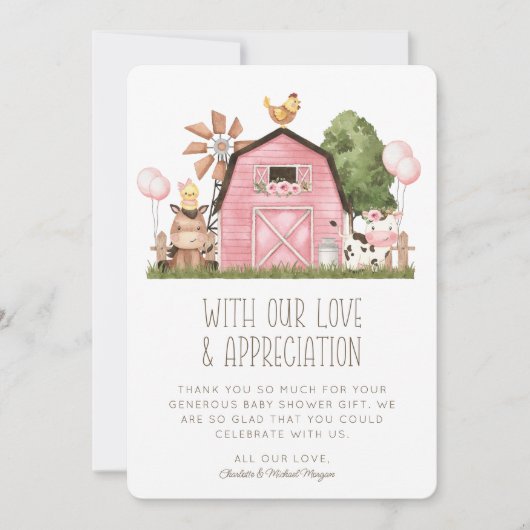 かわいい水の色の農業動物ベビーシャワーありがとう サンキューカード (正面)