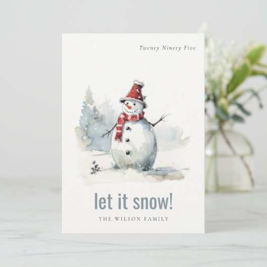 かわいい水の色の雪だるまそれを雪のクリスマス シーズンカード (スタンド正面)