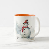 かわいい水の色の雪だるまそれを雪のクリスマス ツートーンマグカップ (正面右)