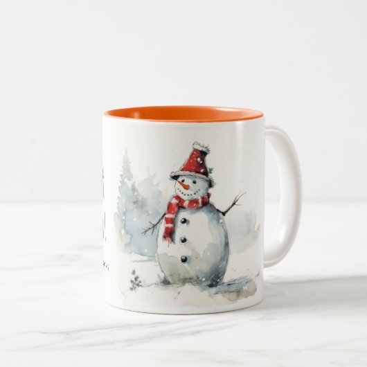 かわいい水の色の雪だるまそれを雪のクリスマス ツートーンマグカップ (正面右)