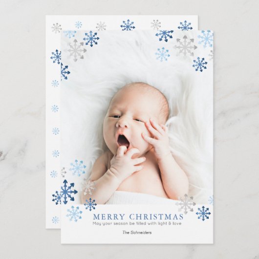 かわいい水の色の雪片フォトクリスマスカード 招待状 (正面/裏面)