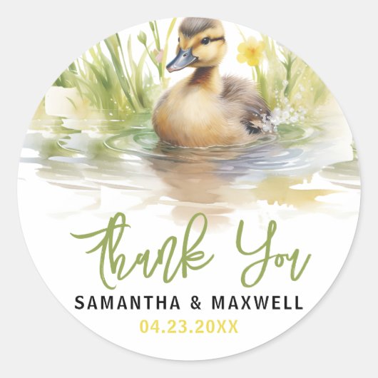 かわいい水の色アヒル男の赤ちゃんシャワー ラウンドシール (正面)