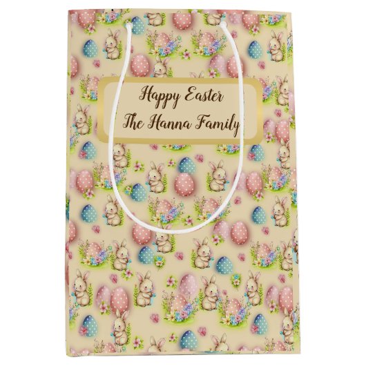 かわいい水の色イースターエッグ、バニーとフローラ ミディアムペーパーバッグ (正面)