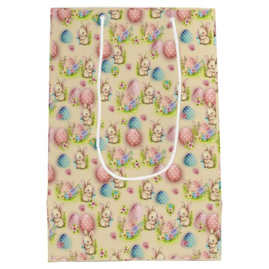 かわいい水の色イースターエッグ、バニーとフローラ ミディアムペーパーバッグ (裏面)