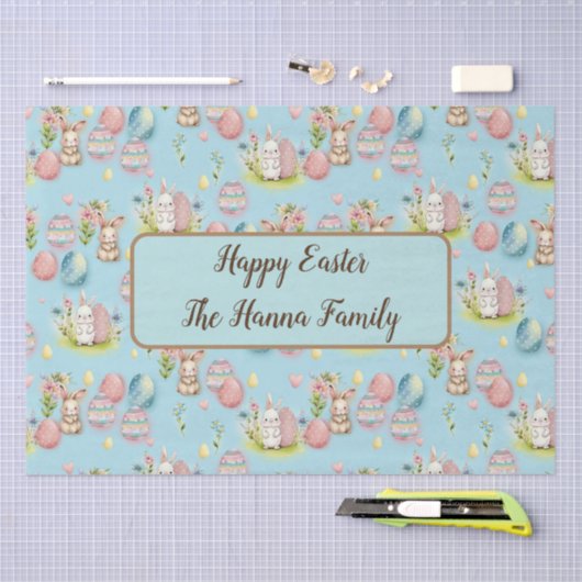 かわいい水の色イースターエッグ、バニーとフローラ 薄葉紙 (クラフト)