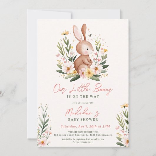 かわいい水の色イースターバニーフローラ赤ちゃんシャワー 招待状 (正面)