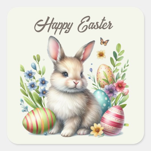 かわいい水の色イースターバニー追加文字 スクエアシール (正面)