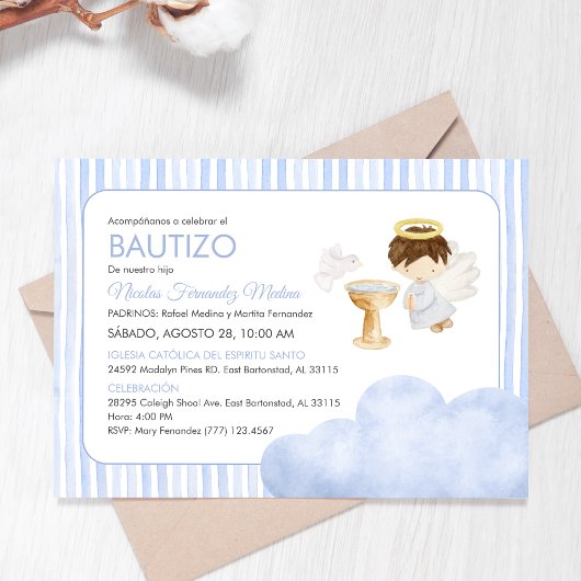 かわいい水の色エンジェルボーイカトリック洗礼 招待状