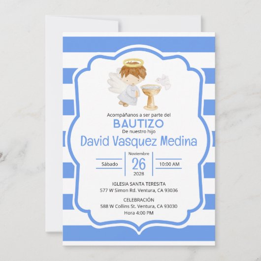かわいい水の色エンジェルボーイ洗礼スペインのin 招待状 (正面)