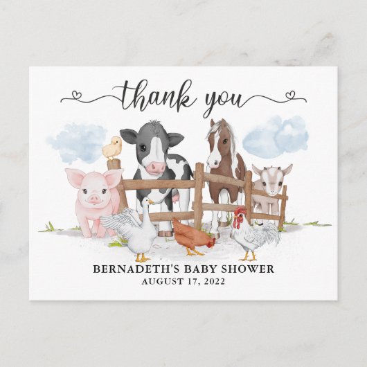 かわいい水の色カントリーファーム動物ありがとう ポストカード (正面)
