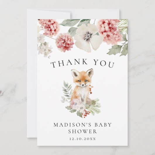 かわいい水の色キツネ冬のベビーシャワー サンキューカード (正面)