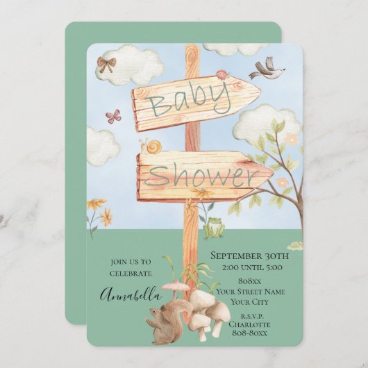 かわいい水の色サニーデーウッドサイン 招待状 (正面/裏面)