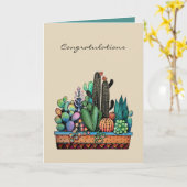 かわいい水の色サボテンの庭の美しいポット カード (黄色い花)