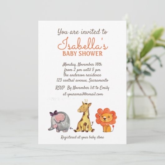 かわいい水の色ジャングル動物ニュートラルベビーシャワー 招待状 (スタンド正面)