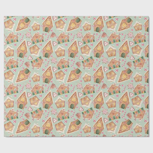 かわいい水の色ジンジャーブレッドハウスグリーンクリスマス ラッピングペーパー (フラット)