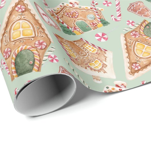 かわいい水の色ジンジャーブレッドハウスグリーンクリスマス ラッピングペーパー (ロールコーナー)