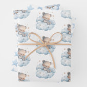 かわいい水の色テディベアとスター ラッピングペーパーシート (インサイチュ)