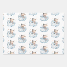 かわいい水の色テディベアとスター ラッピングペーパーシート