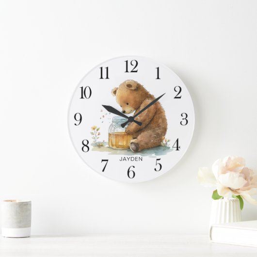 かわいい水の色テディベアハニーポット パーソナライズされた ラージ壁時計 (ホーム)