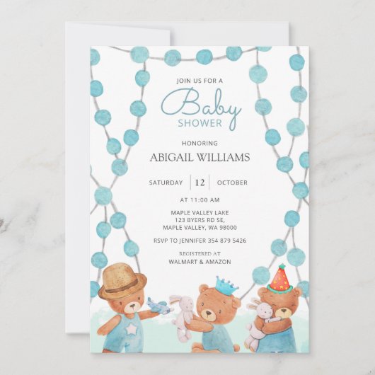 かわいい水の色テディベア赤ちゃんシャワー招待状 招待状 (正面)