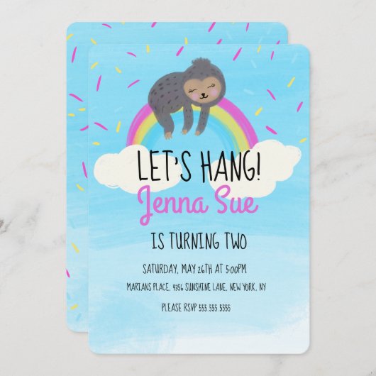 かわいい水の色ナマケモノのレインボーバースデーパーティー 招待状 (正面/裏面)