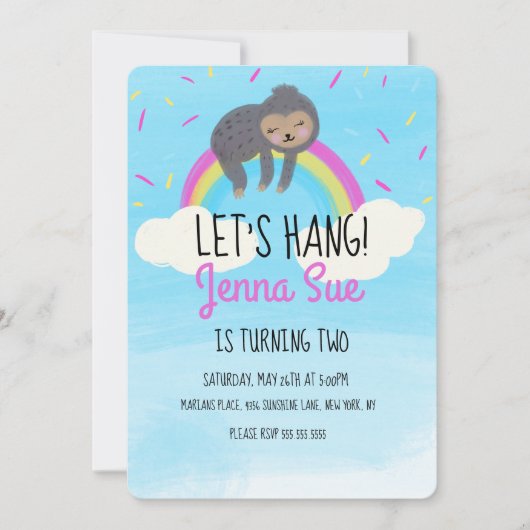 かわいい水の色ナマケモノのレインボーバースデーパーティー 招待状 (正面)