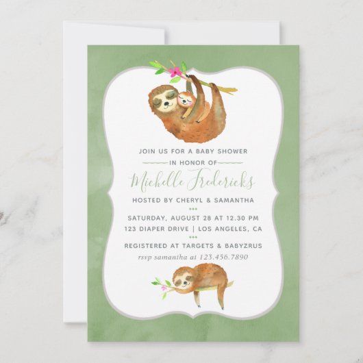 かわいい水の色ナマケモノをテーマにしたベビーシャワー招待状 招待状 (正面)